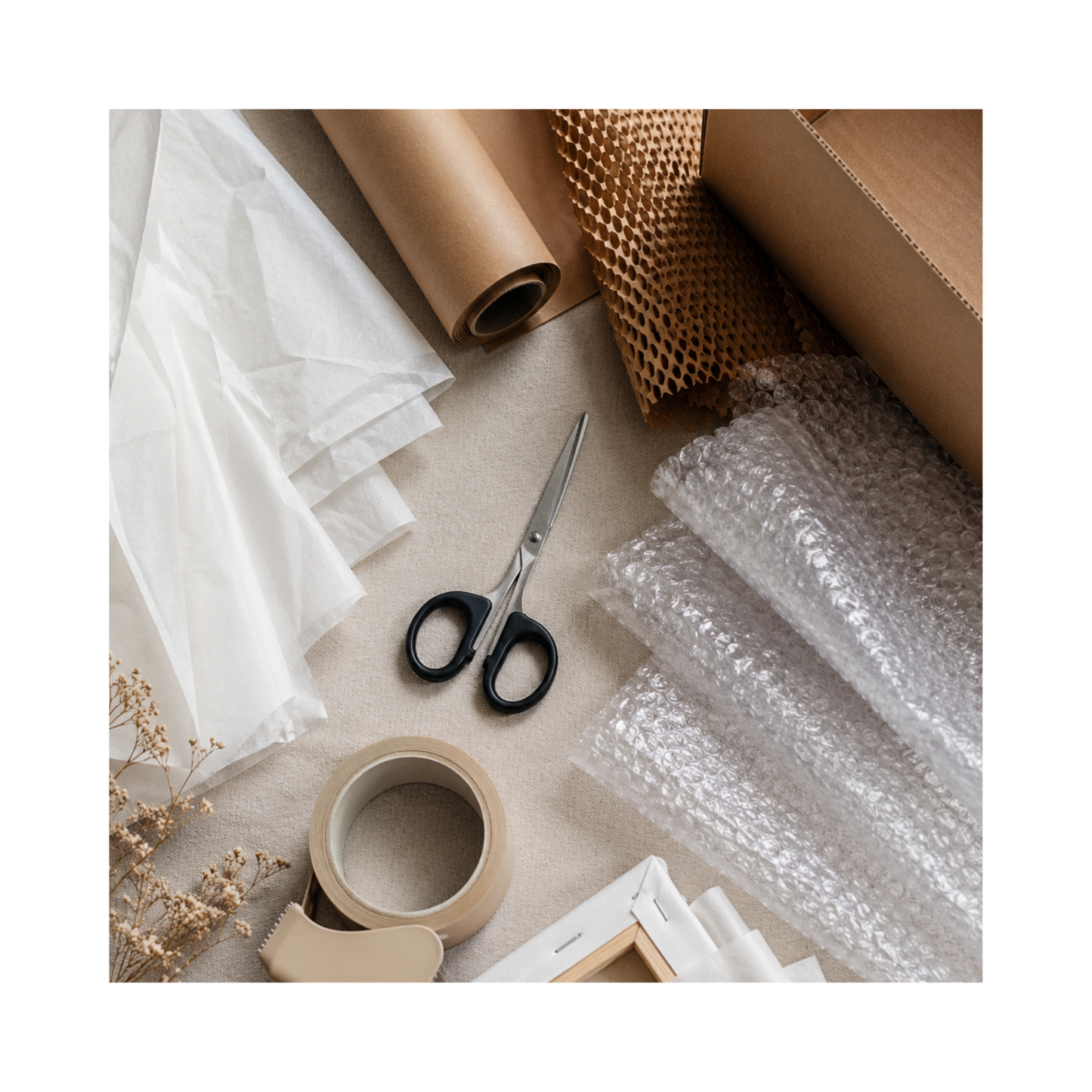 Packaging supplies including scissors, bubble wrap, and brown paper on a neutral background