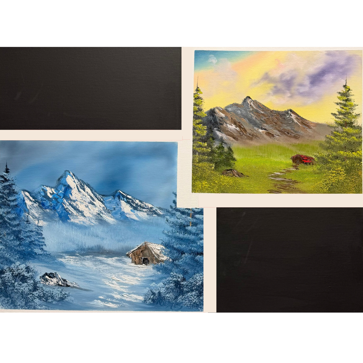 Winter and spring mountain landscapes painted side by side on an 18x24 canvas