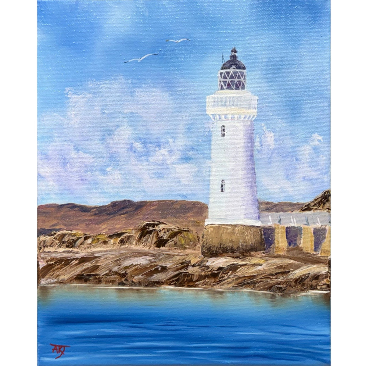 White lighthouse beside shimmering blue water under a bright sky with flying gulls, original 8x10 oil painting on canvas.