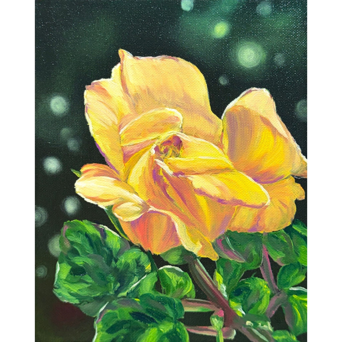 Yellow rose with warm pink undertones and green leaves against a softly glowing green background, original 8x10 oil painting on canvas.