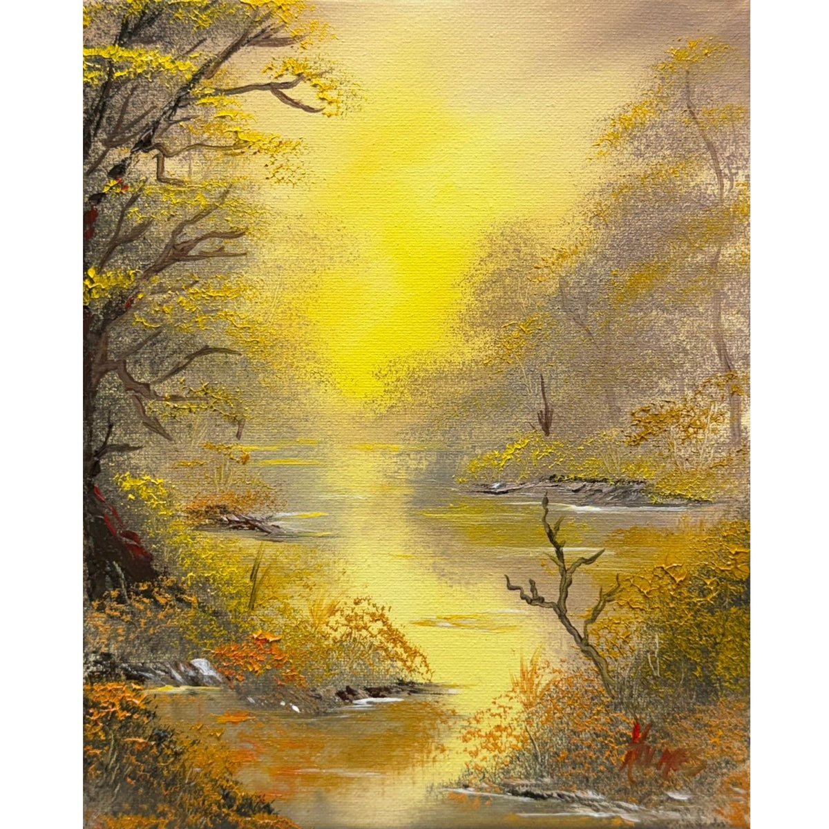 Golden autumn woodland with a glowing river beneath a brilliant yellow sky, original 8x10 oil painting on canvas.