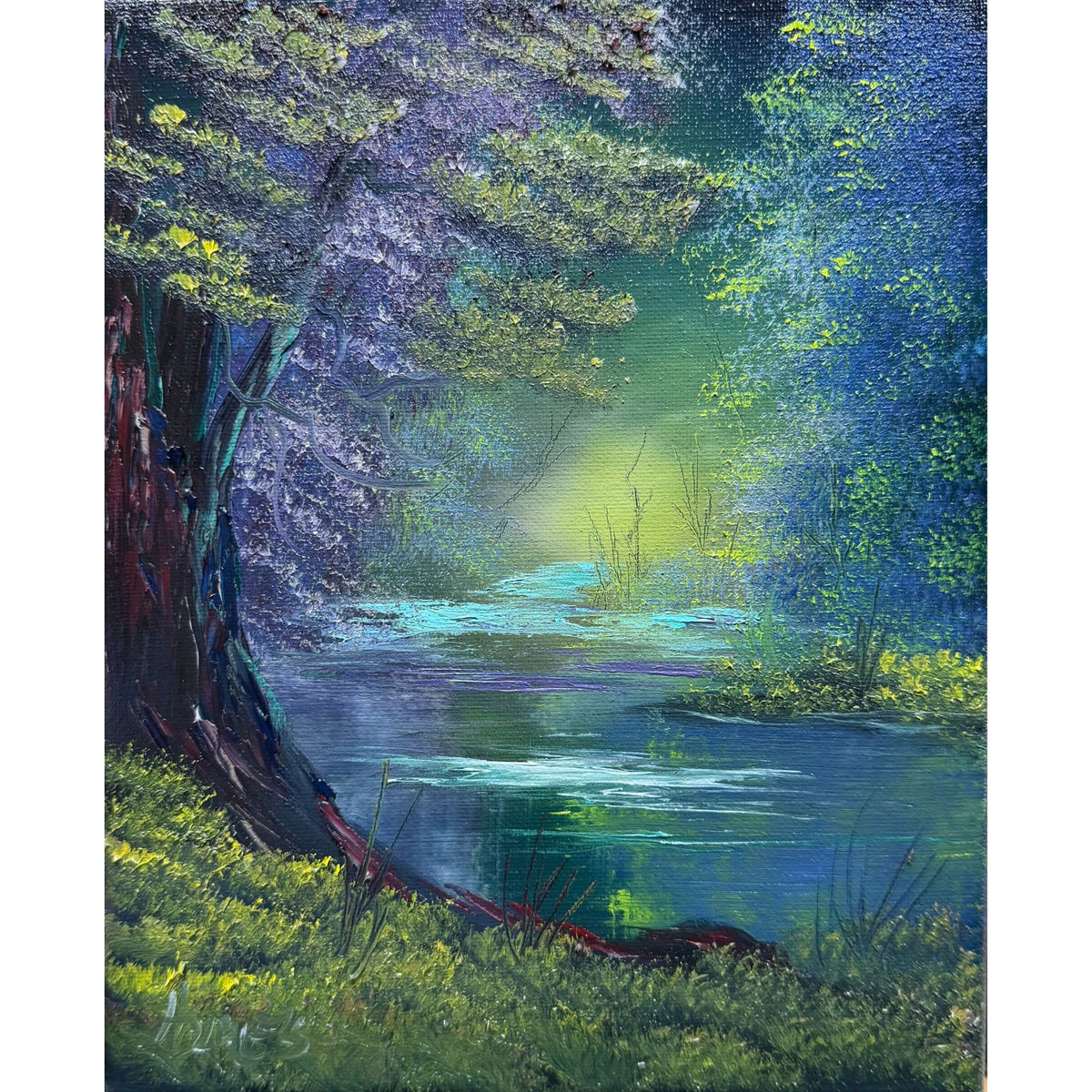 Enchanted forest with lime-green light, deep green and purple trees and turquoise highlights on dark water, original 8x10 oil painting on canvas.