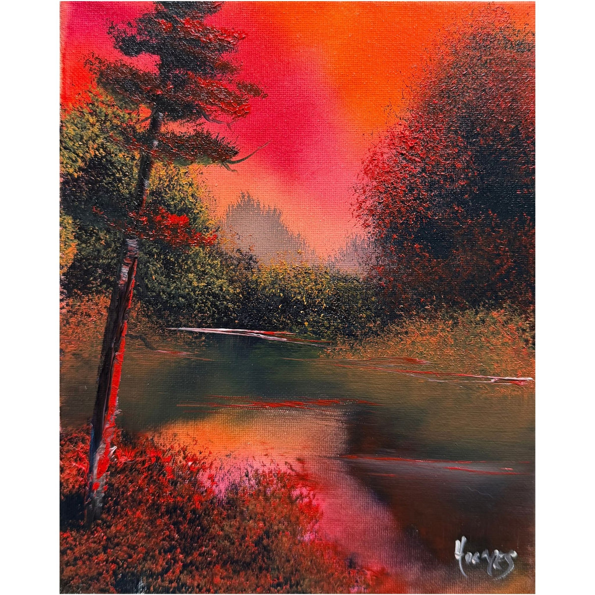 Fiery crimson, pink and orange sunset reflecting on water between dark evergreen trees, original 8x10 oil painting on canvas.