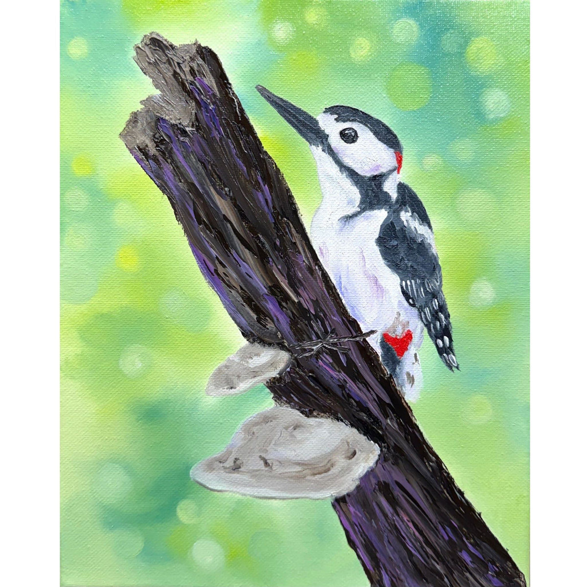 Black, white and red woodpecker perched on a textured tree stump against a bright green woodland background, original 8x10 oil painting on canvas.