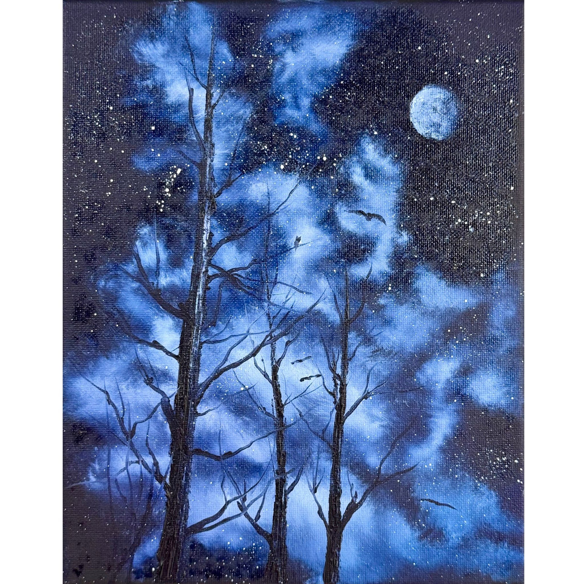 Full moon and stars in a deep blue night sky framed by bare trees, a perched owl and flying birds, original 8x10 oil painting on canvas.