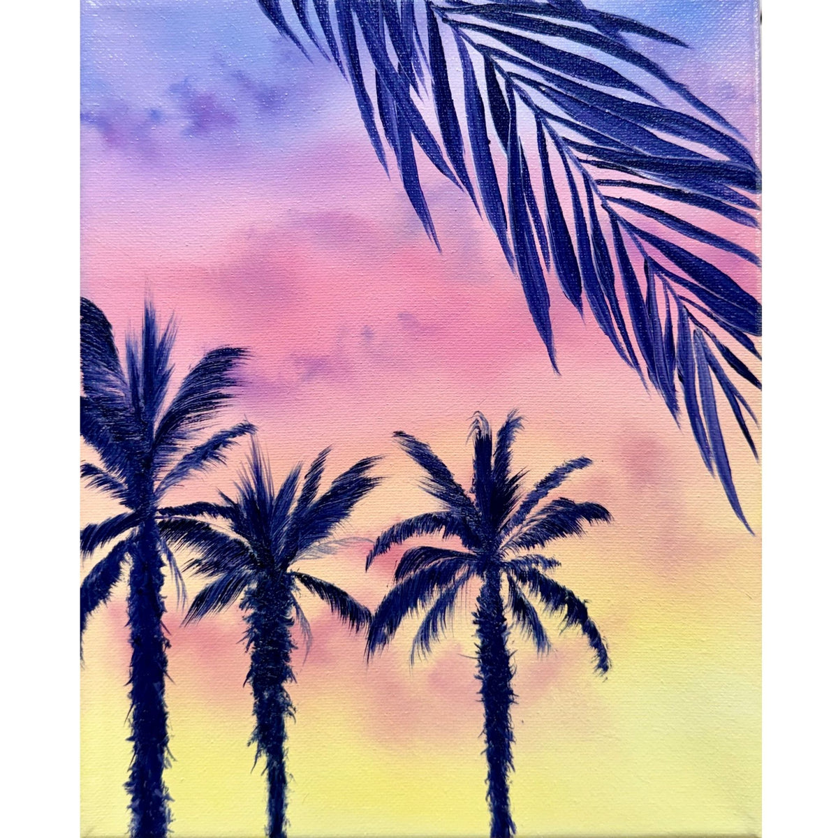 Dark blue palm tree silhouettes against a pink, lavender and golden tropical sunset, original 8x10 oil painting on canvas.