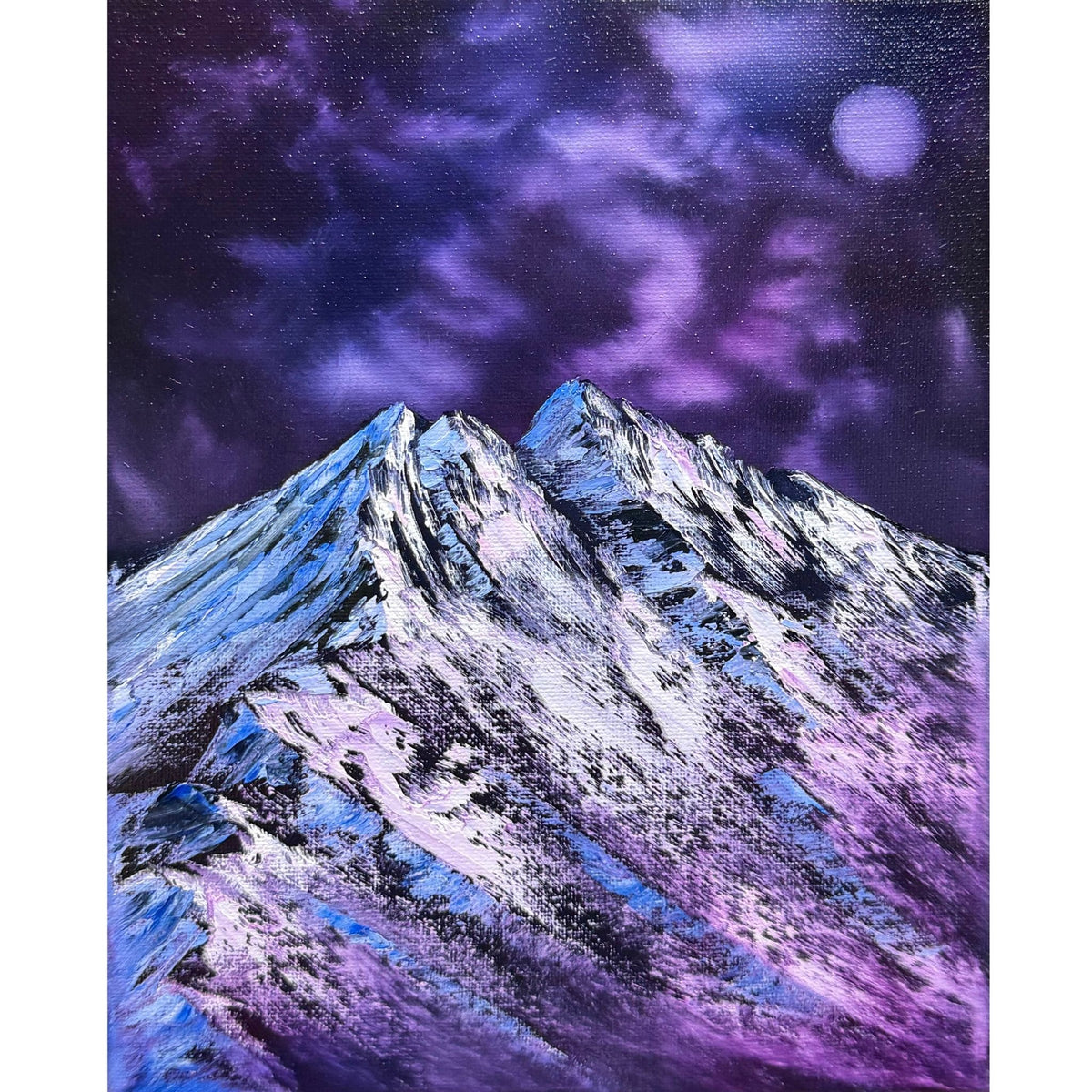 Jagged snow-covered mountain beneath swirling violet clouds and a glowing full moon, original 8x10 oil painting on canvas.