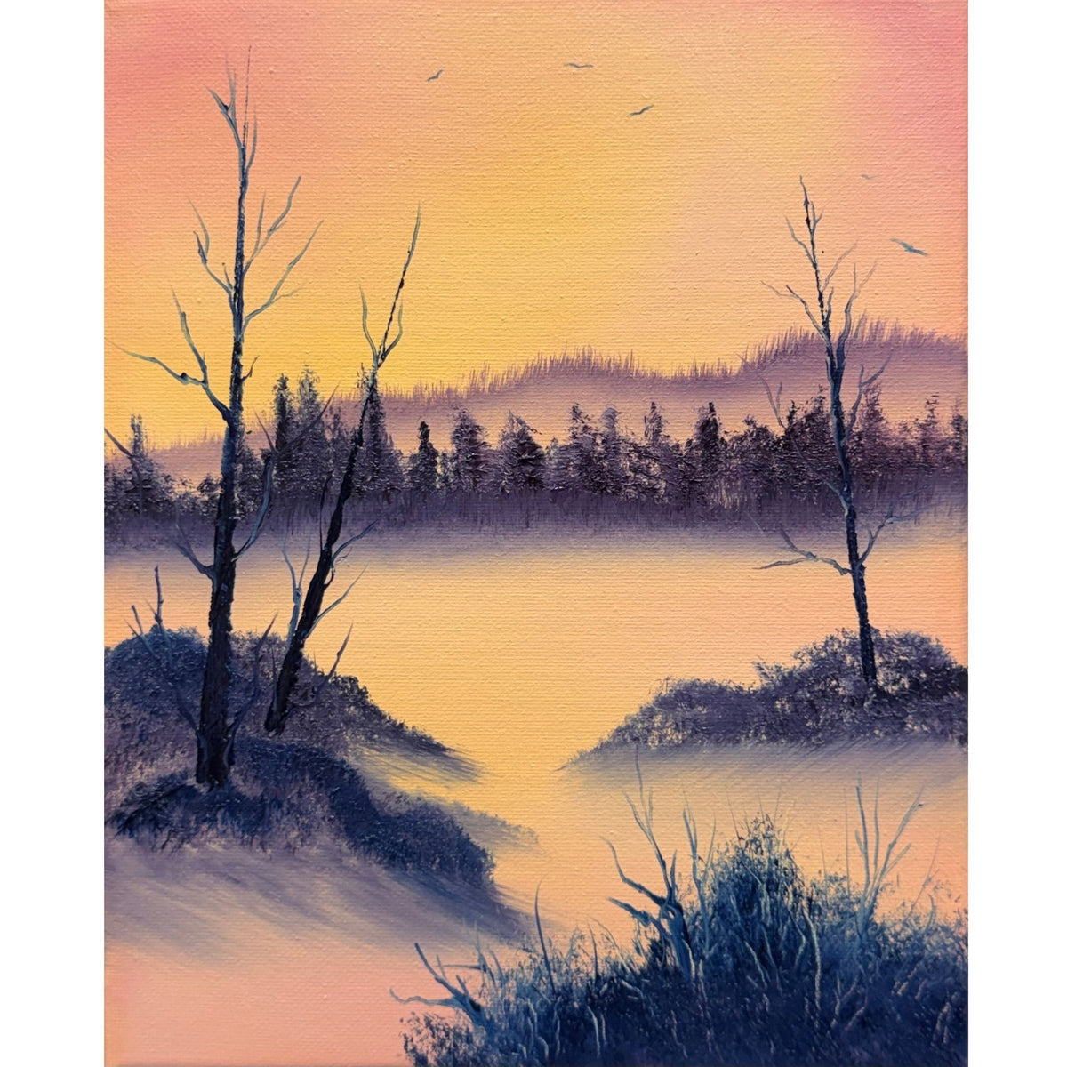 Dark purple pine trees and flying birds silhouetted against a peach and pink sunset reflected on golden water, original 8x10 oil painting on canvas.