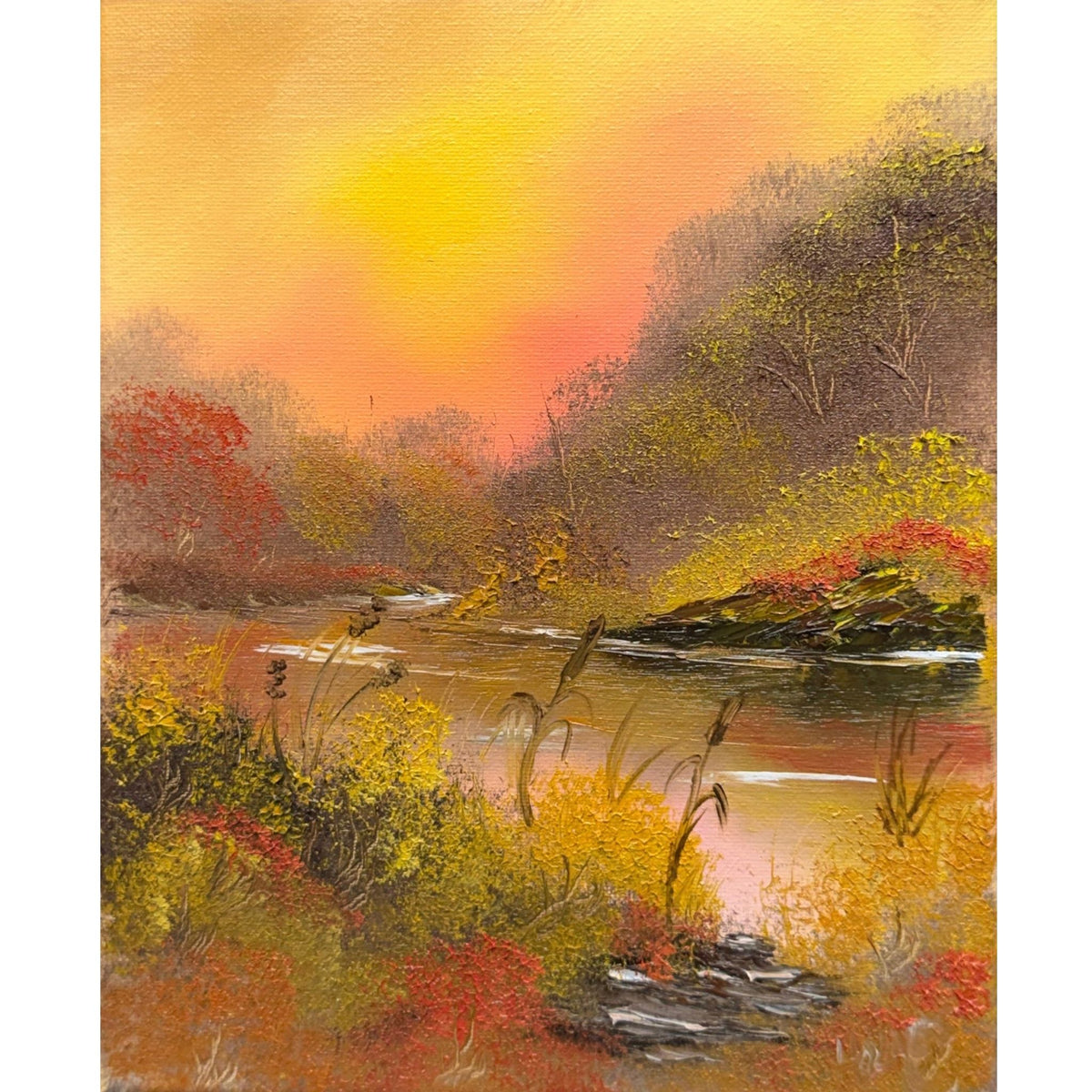 Fiery red autumn trees and golden grasses beside water beneath a bright yellow and apricot sunset, original 8x10 oil painting on canvas.
