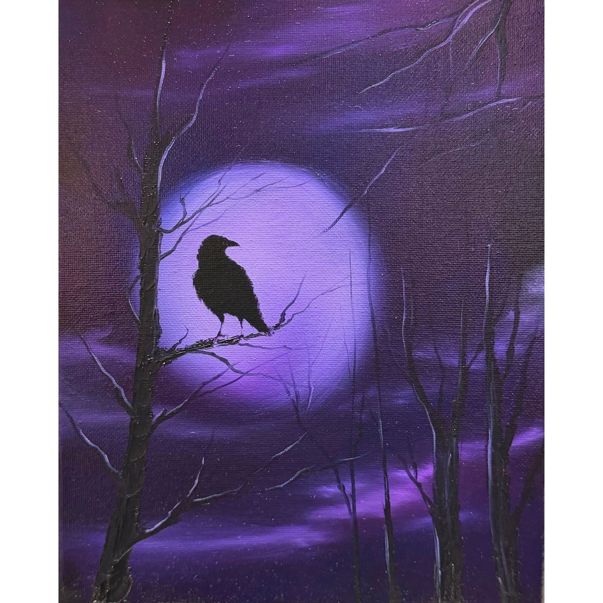 Black raven perched on a bare branch against a large glowing violet full moon and purple clouds, original 8x10 oil painting on canvas.