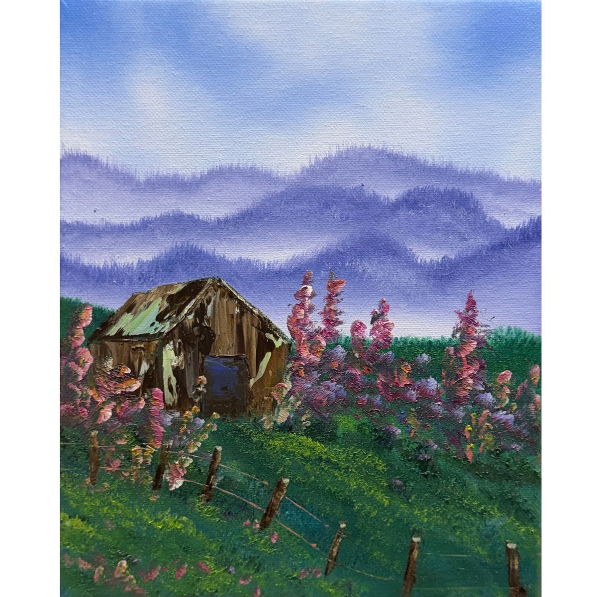 Rustic log cabin beneath lavender mountains surrounded by tall pink hollyhocks and a wooden fence, original 8x10 oil painting on canvas.