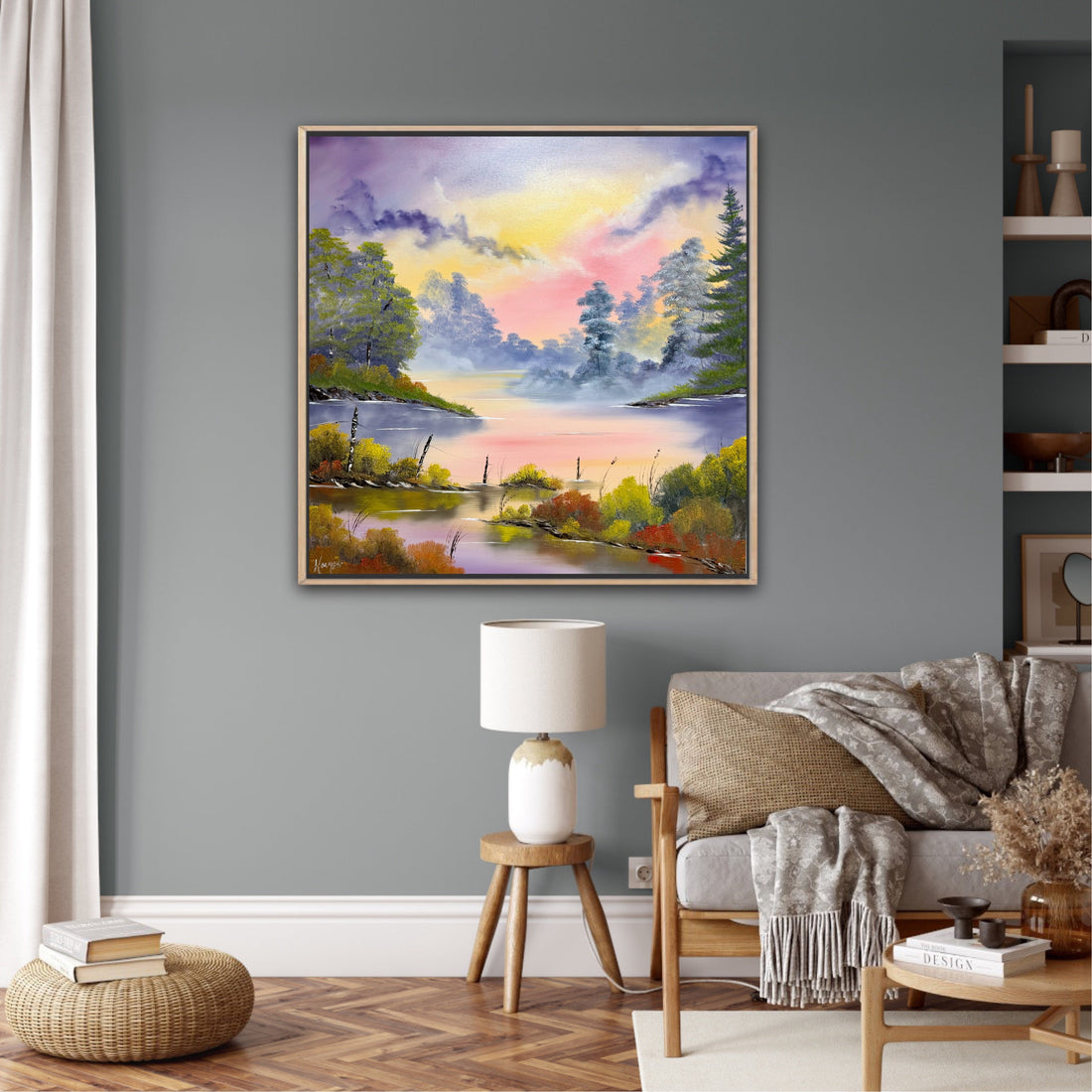 Framed oil painting of a serene river scene in a peaceful living room – original wall art by Serenity in Color