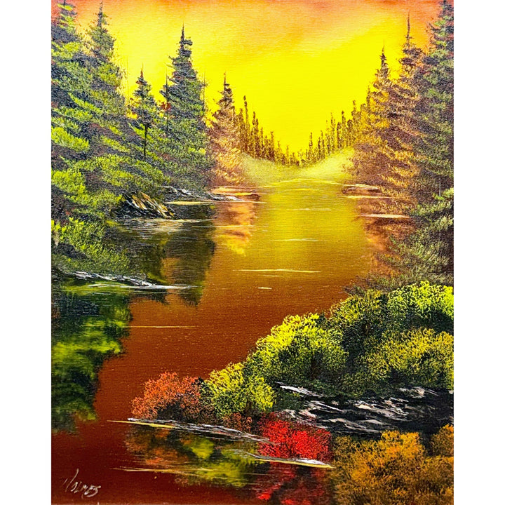 A colorful landscape painting of a river winding through a forest at sunset, with a bright yellow sky, green and brown trees, reflective water, and small areas of red foliage.