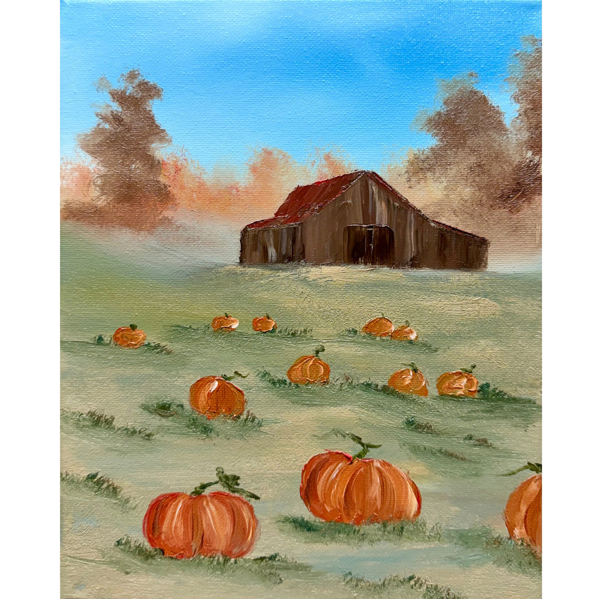 Autumn oil painting of a rustic barn surrounded by pumpkins and colorful fall trees