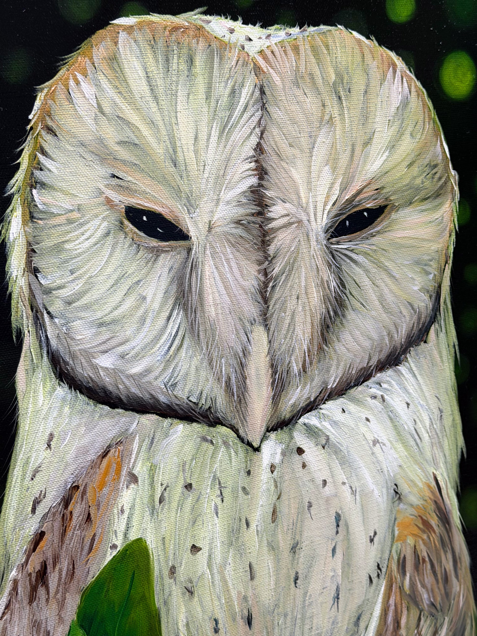 A close-up painted owl portrait with detailed feather texture in off-white, beige, brown, and black, set against a dark green and black background.