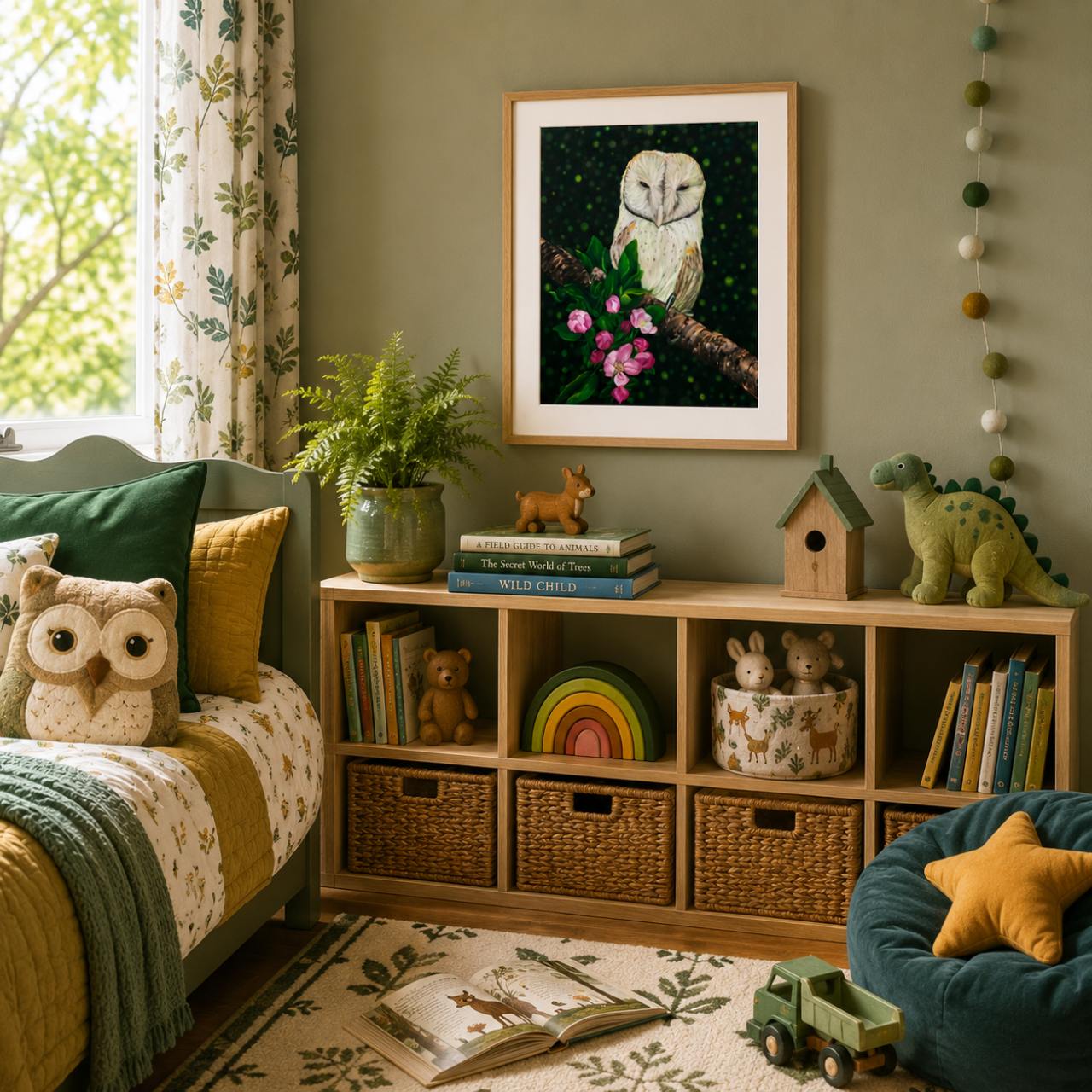 A framed art print of a barn owl perched on a branch with pink flowers, displayed on a sage green wall in a beautifully styled children's bedroom. The room features a light wood cubby shelf with toys, a cozy bed with patterned bedding, and a blue bean bag chair.
