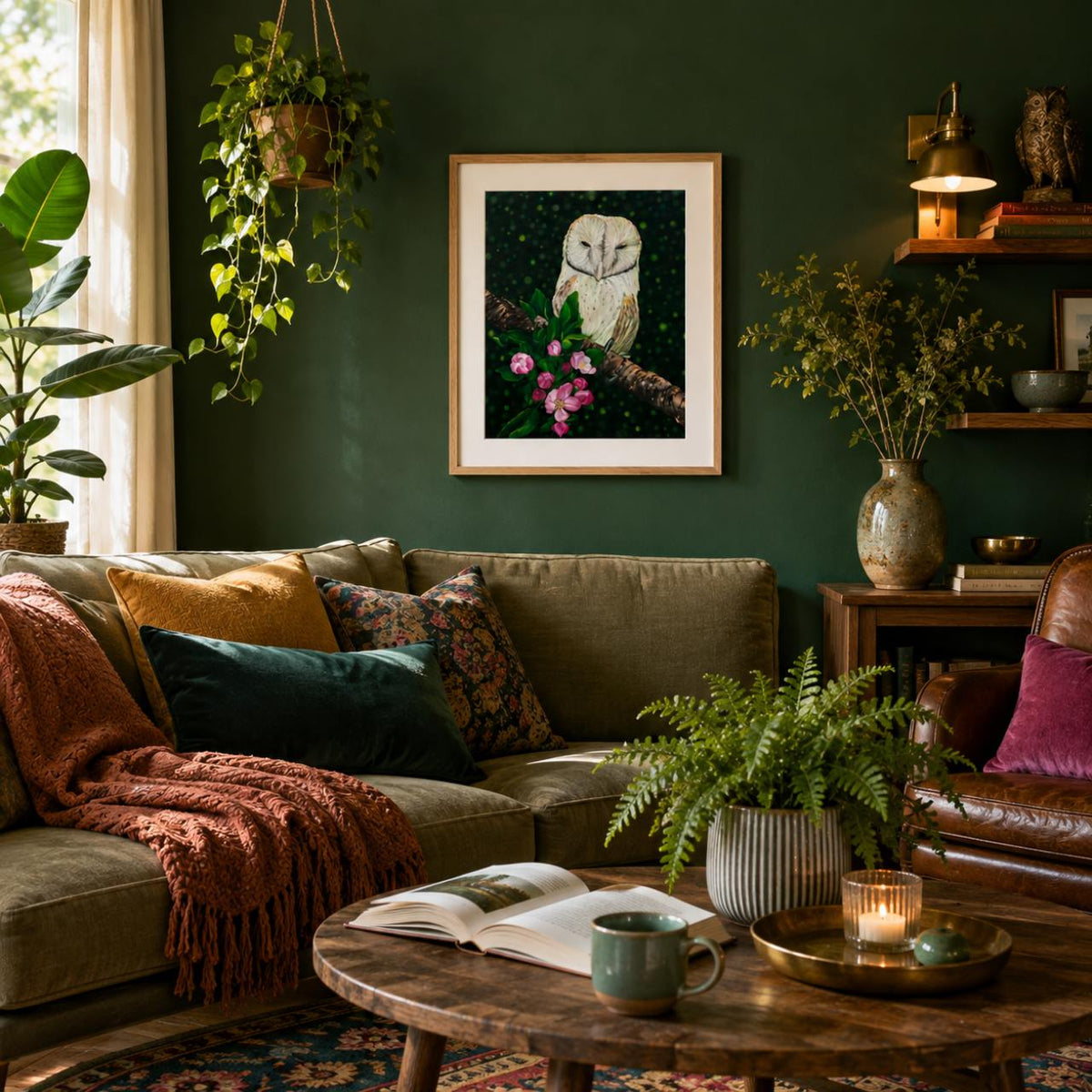 A framed art print of an owl with pink flowers hanging on a dark green wall in a cozy, styled living room with a sofa, plants, and a coffee table.