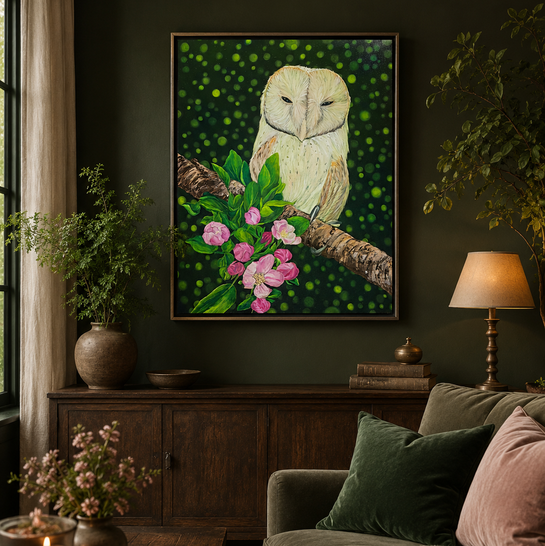 A framed original oil painting of a barn owl perched on a branch with pink blossoms, displayed on a dark wall above a wooden console in a cozy living room setting.