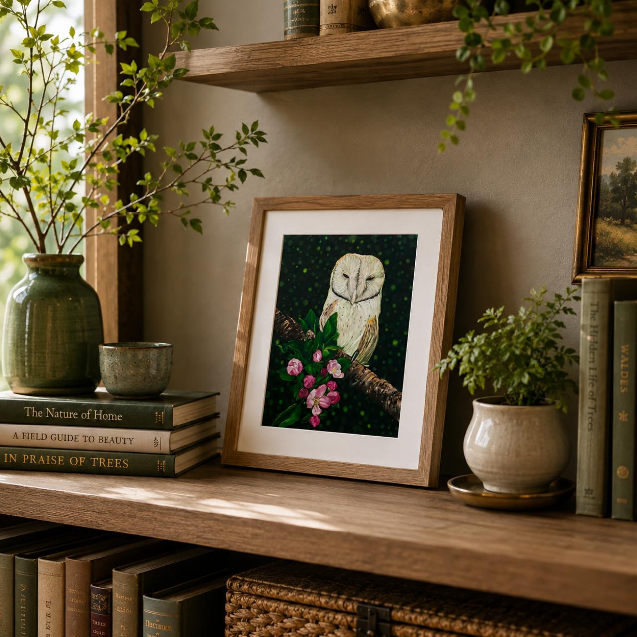 A framed art print featuring a barn owl perched on a branch with pink flowers, displayed on a wooden bookshelf next to books, a green ceramic vase, and small potted plants.