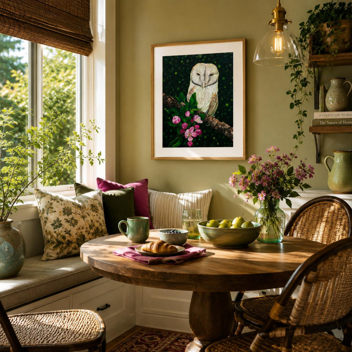 A framed art print of an owl perched on a branch with pink flowers, hanging on a sage green wall in a cozy, sunlit dining nook with a wooden table, woven chairs, and floral accents.