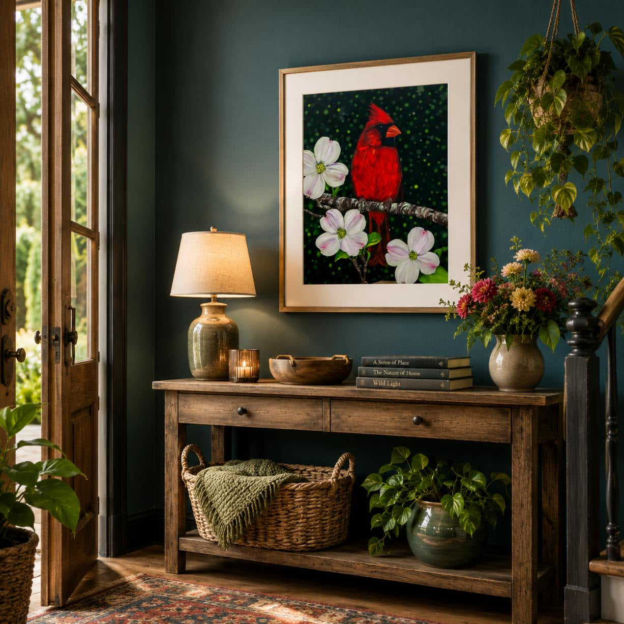A framed art print of a red cardinal and white dogwood flowers hangs on a dark teal wall above a rustic wooden console table styled with a lamp, books, and potted plants in a cozy room setting.