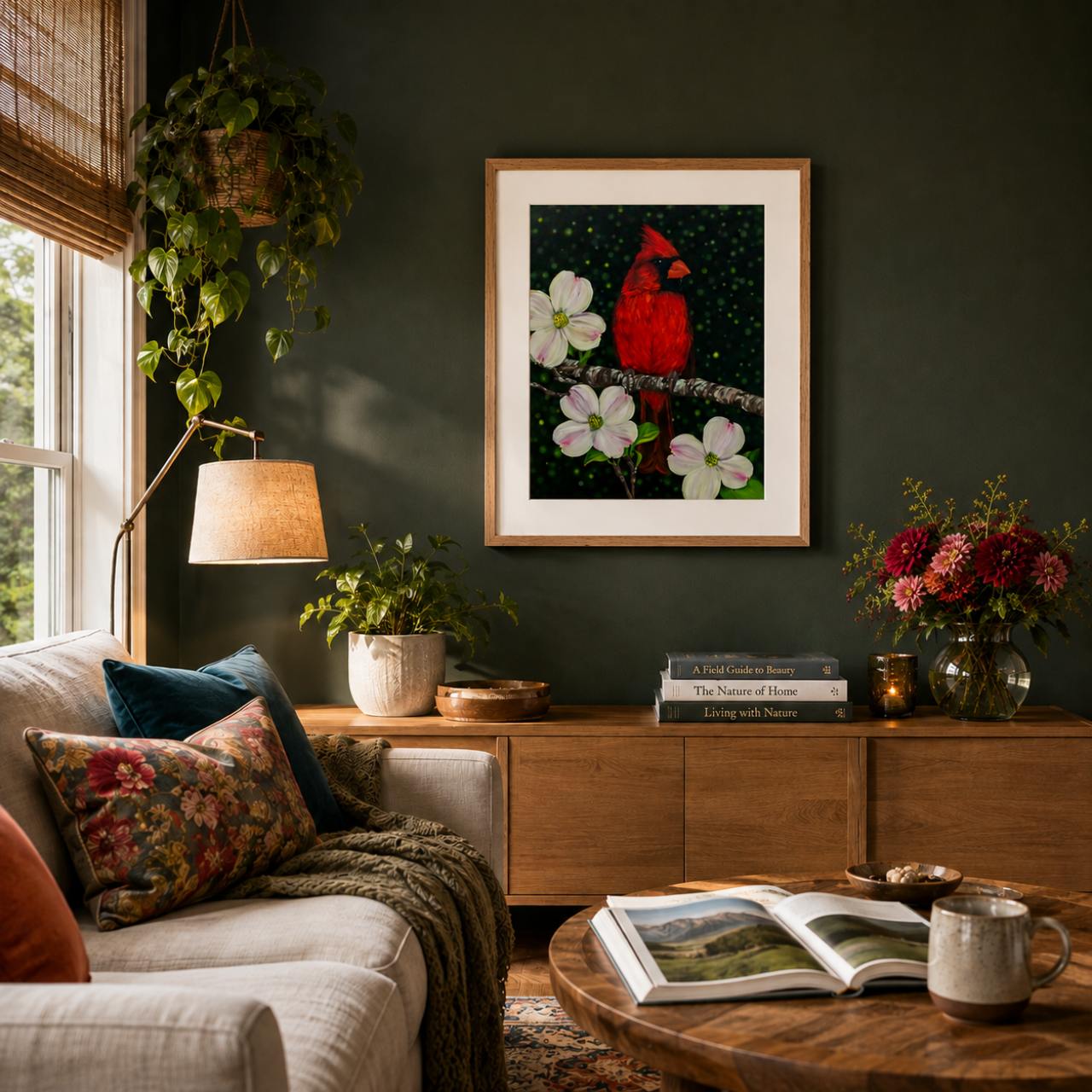 A framed art print featuring a bright red cardinal perched among white dogwood flowers on a dark background, displayed on a dark green wall in a cozy living room setting with a sofa, lamp, and wooden console.