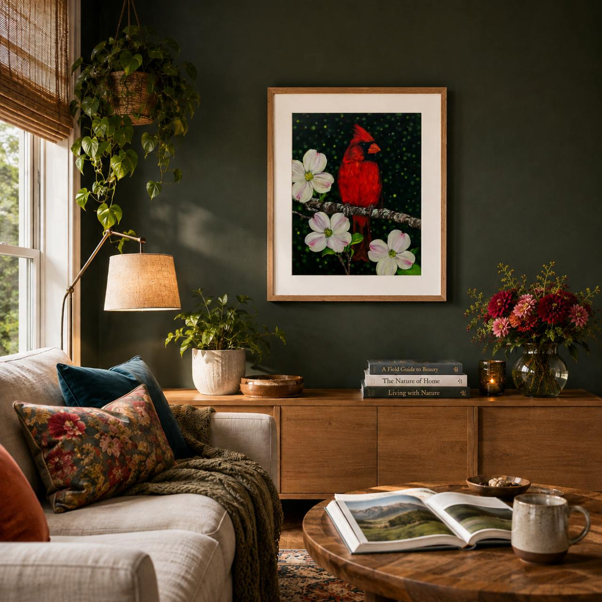 A framed art print featuring a bright red cardinal perched among white dogwood flowers on a dark background, displayed on a dark green wall in a cozy living room setting with a sofa, lamp, and wooden console.