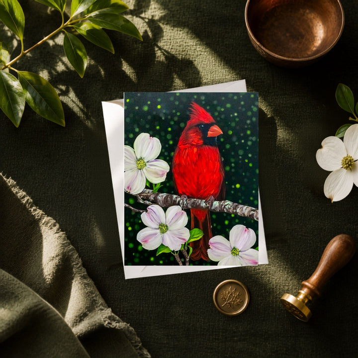 Cardinal on dogood greeting card with white envelope displayed on geen background with brass bowl, wax seal and green branch