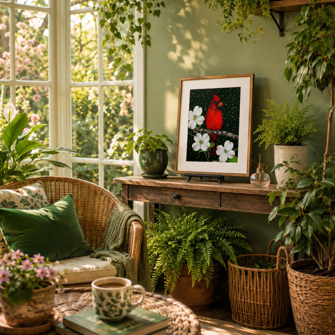 A framed art print of a red cardinal bird with white dogwood flowers displayed on a rustic wooden table in a lush, sunlit garden room with potted ferns and a wicker chair.