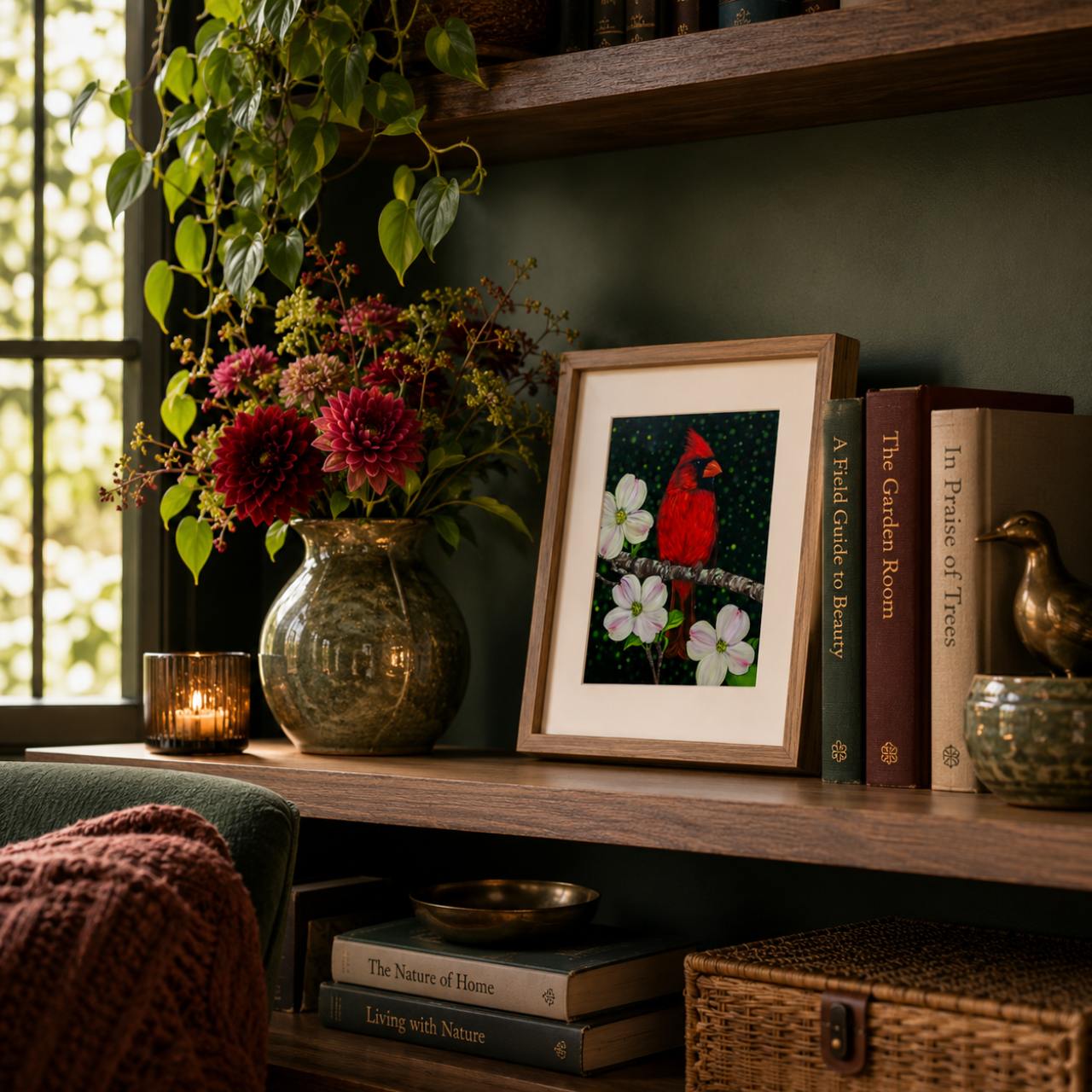 A framed art print featuring a red cardinal and white dogwood flowers on a dark background, styled on a wooden shelf next to a vase of flowers, books, and a candle in a cozy room setting.