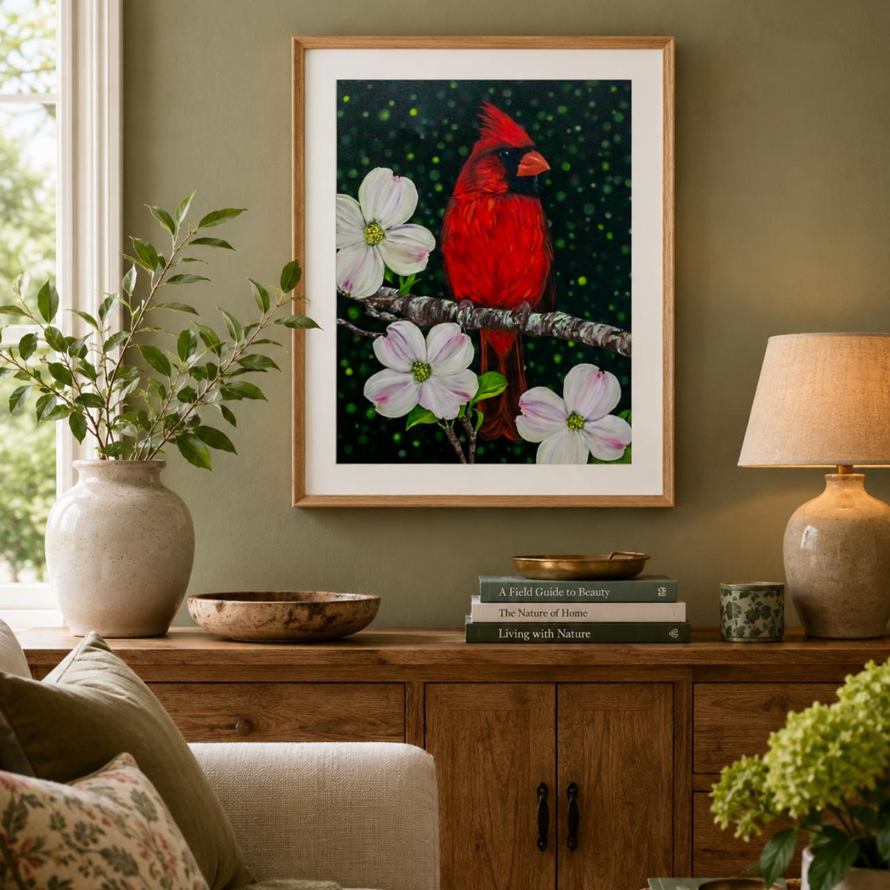 A framed art print featuring a bright red cardinal perched among white and pale pink dogwood blossoms on a dark background, displayed on a wall above a wooden console in a styled living room with a vase, books, and a lamp.