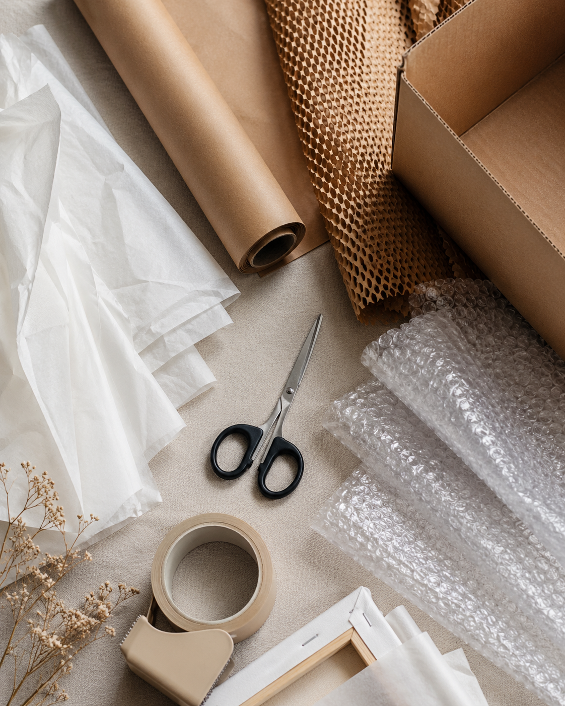 Your painting will be carefully packaged for safe delivery - Photo of packaging materials including brown paper, bubble wrap, scissors, and tape on a neutral background.