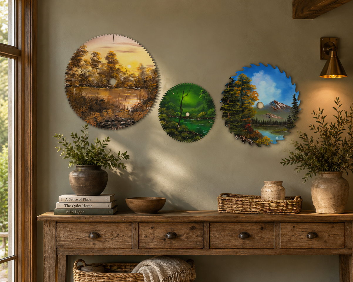 Three circular saw blade art pieces depicting nature scenes on a wall above a wooden console table.