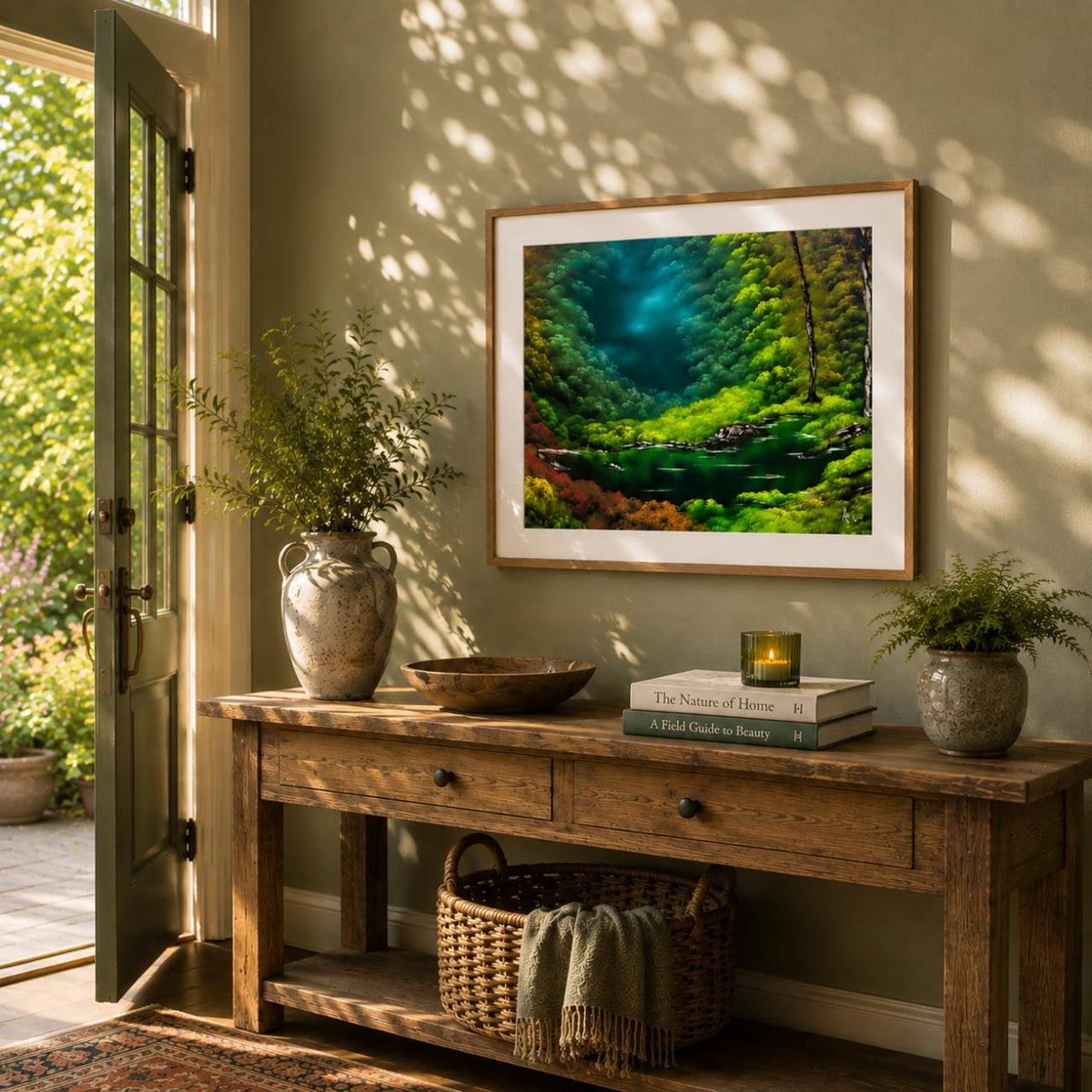 A framed landscape art print depicting a lush green forest and river canyon hangs on a sage wall above a rustic wooden console table in a sunlit entryway.