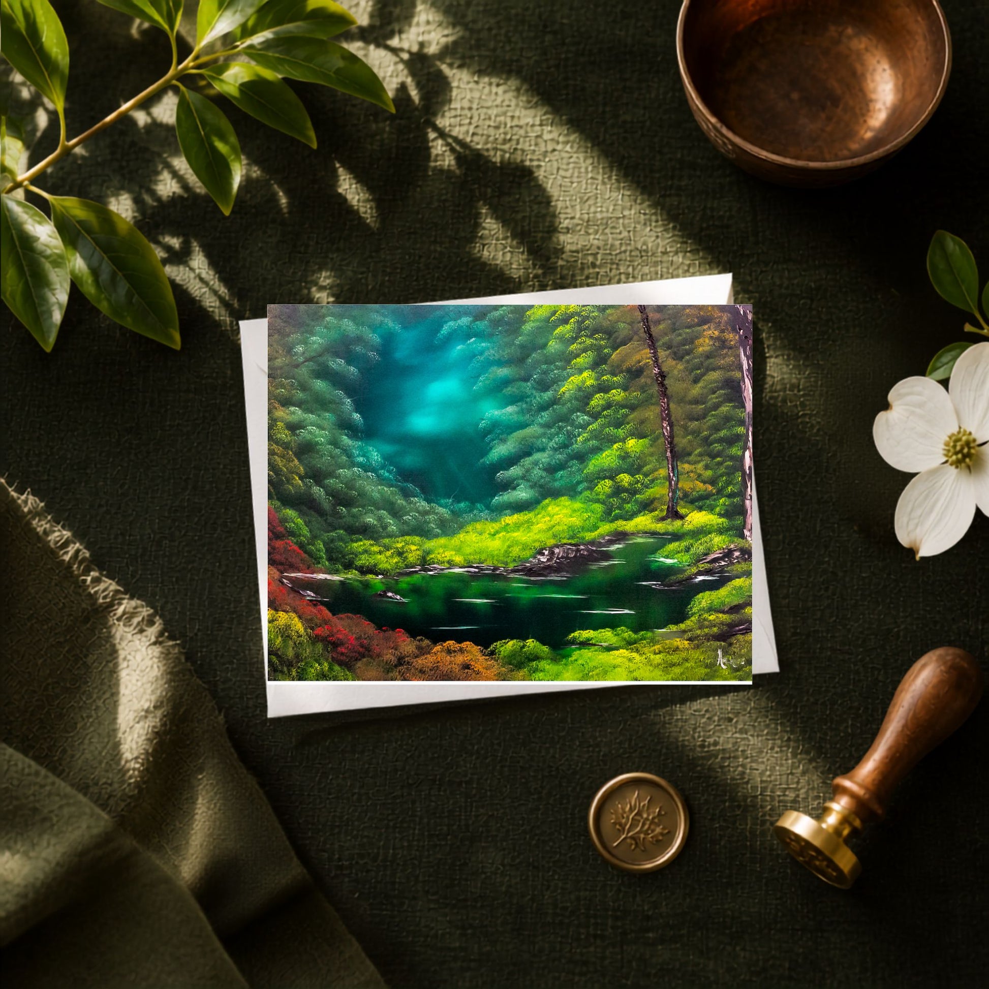 A greeting card of a lush forest landscape with a turquoise lake, styled on a dark olive green fabric background with a bronze bowl, white flower, green leaves, wax seal stamp, and wooden stamp handle.