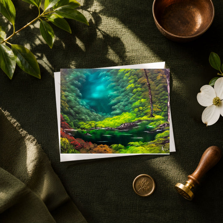 A greeting card of a lush forest landscape with a turquoise lake, styled on a dark olive green fabric background with a bronze bowl, white flower, green leaves, wax seal stamp, and wooden stamp handle.