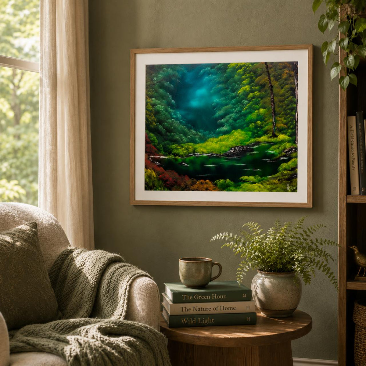 A framed art print depicting a lush green forest river scene with a glowing blue-green sky, displayed on a sage green wall in a cozy living room setting next to a sofa and side table.