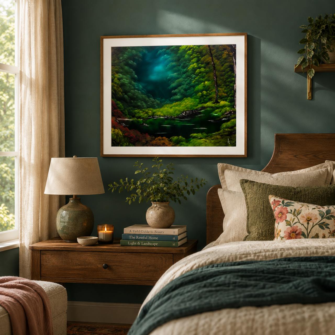 A framed forest landscape painting hangs on a dark teal wall above a wooden bed in a styled bedroom. The artwork shows a lush green woodland scene with a glowing blue-green stream or pool.