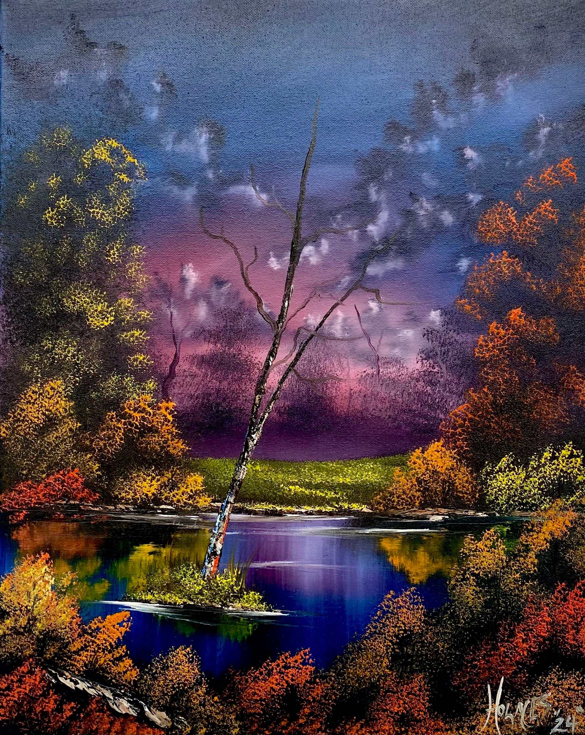 Painting of a forest landscape with a lake and colorful trees under a starry sky.