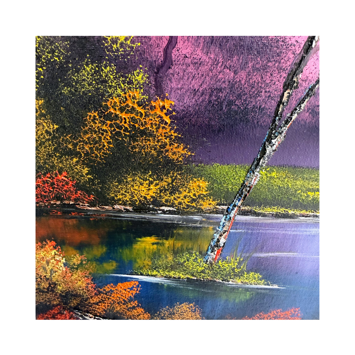detail from the colorful landscape painting of a lake with trees and a purple sky.