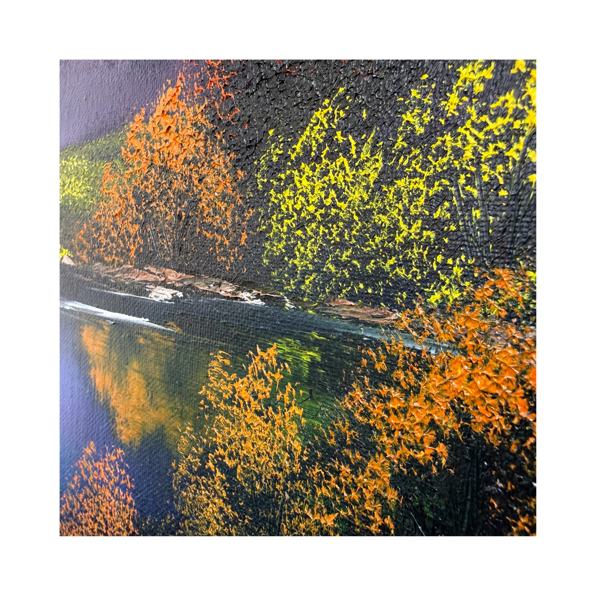 Detail from the Enchanted hour landscape painting showing texture of the foliage