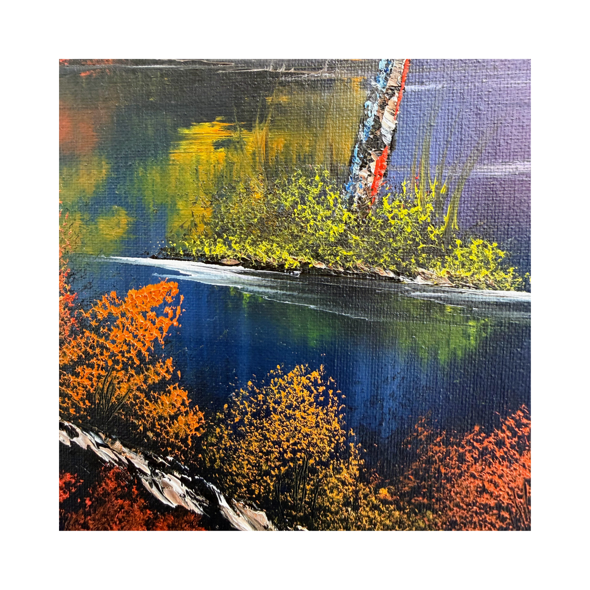 Colorful oil painting of a landscape with trees and water