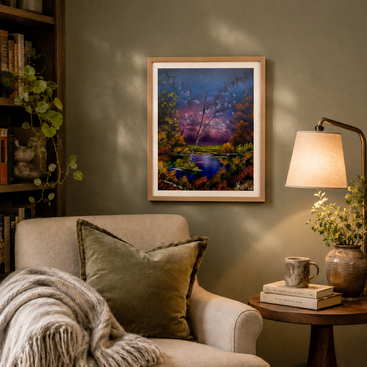 vibrant color print on fine art paper of a pond scene. diaplyed on the wall in a cozy reading corner