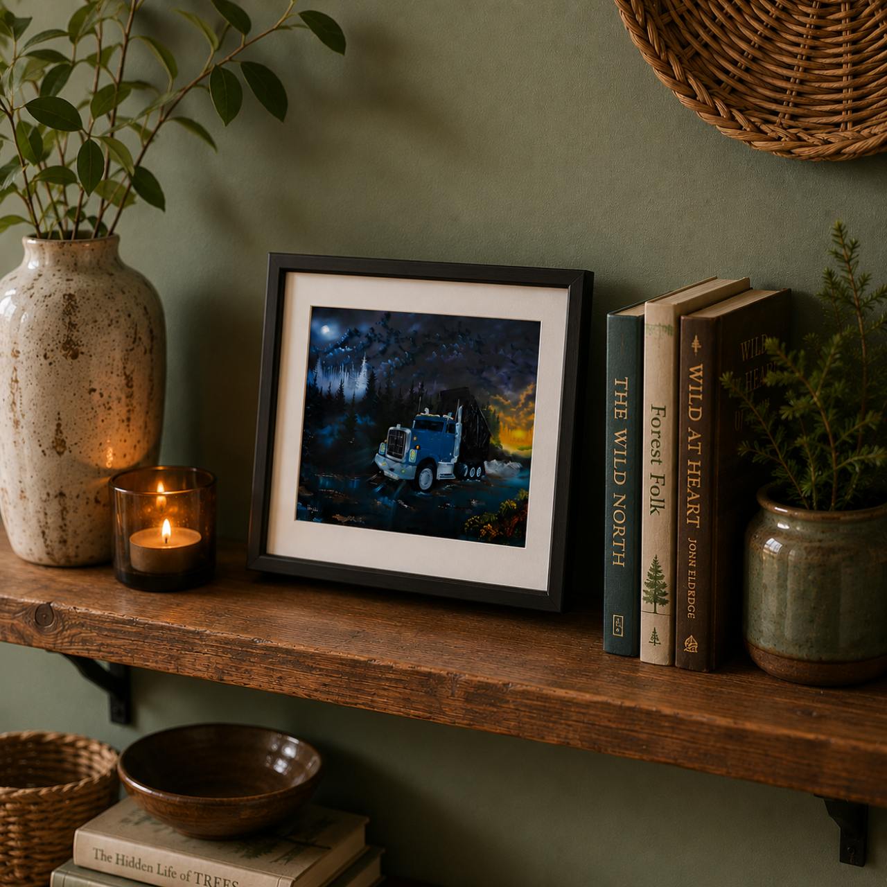 A framed art print depicting a blue semi-truck at night under a full moon, styled on a rustic wooden shelf with books, a candle, and potted plants against a sage green wall.