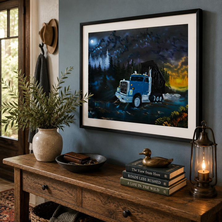 A framed art print depicting a blue semi-truck driving through a dark, moonlit forest road at night, styled on a rustic wooden console table in a cozy room setting with a lantern, duck figurine, and books.