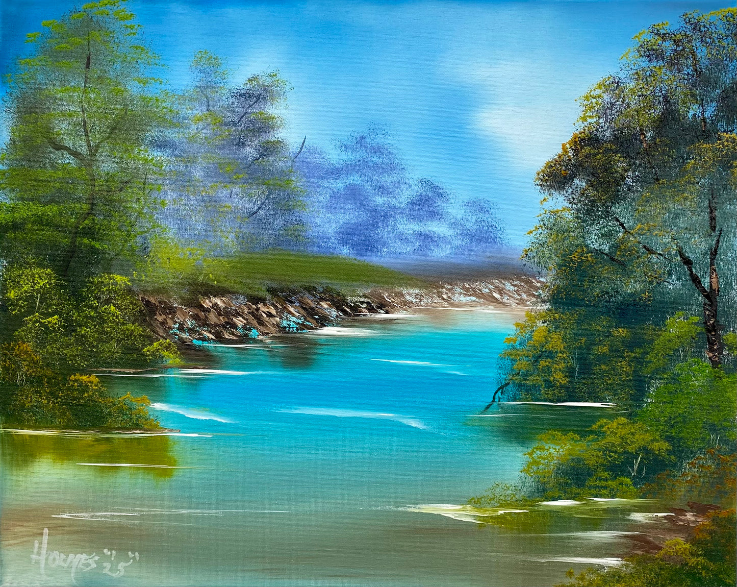 Landscape painting of a river surrounded by trees and rocks.