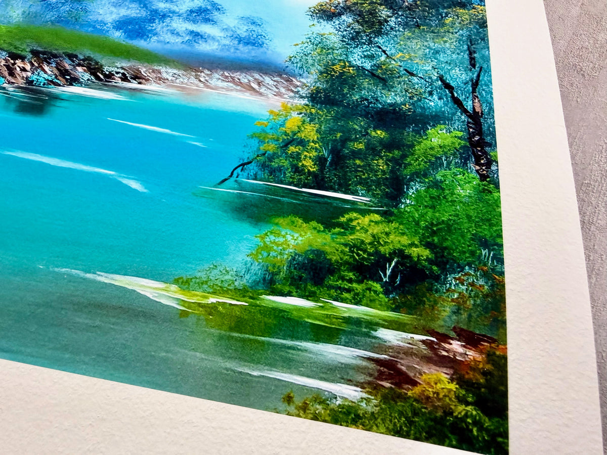 Painting of a scenic landscape with water, trees, and river bank