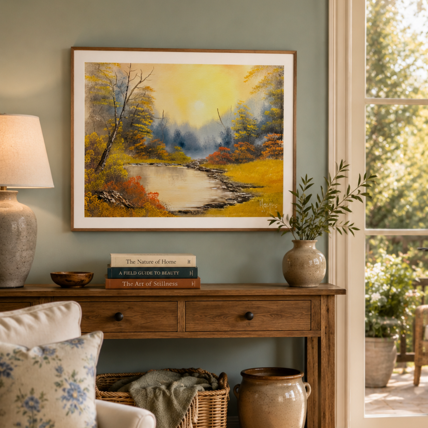 Colorful Golden Hour fine art print on paper displayed in a living room on a sage wall