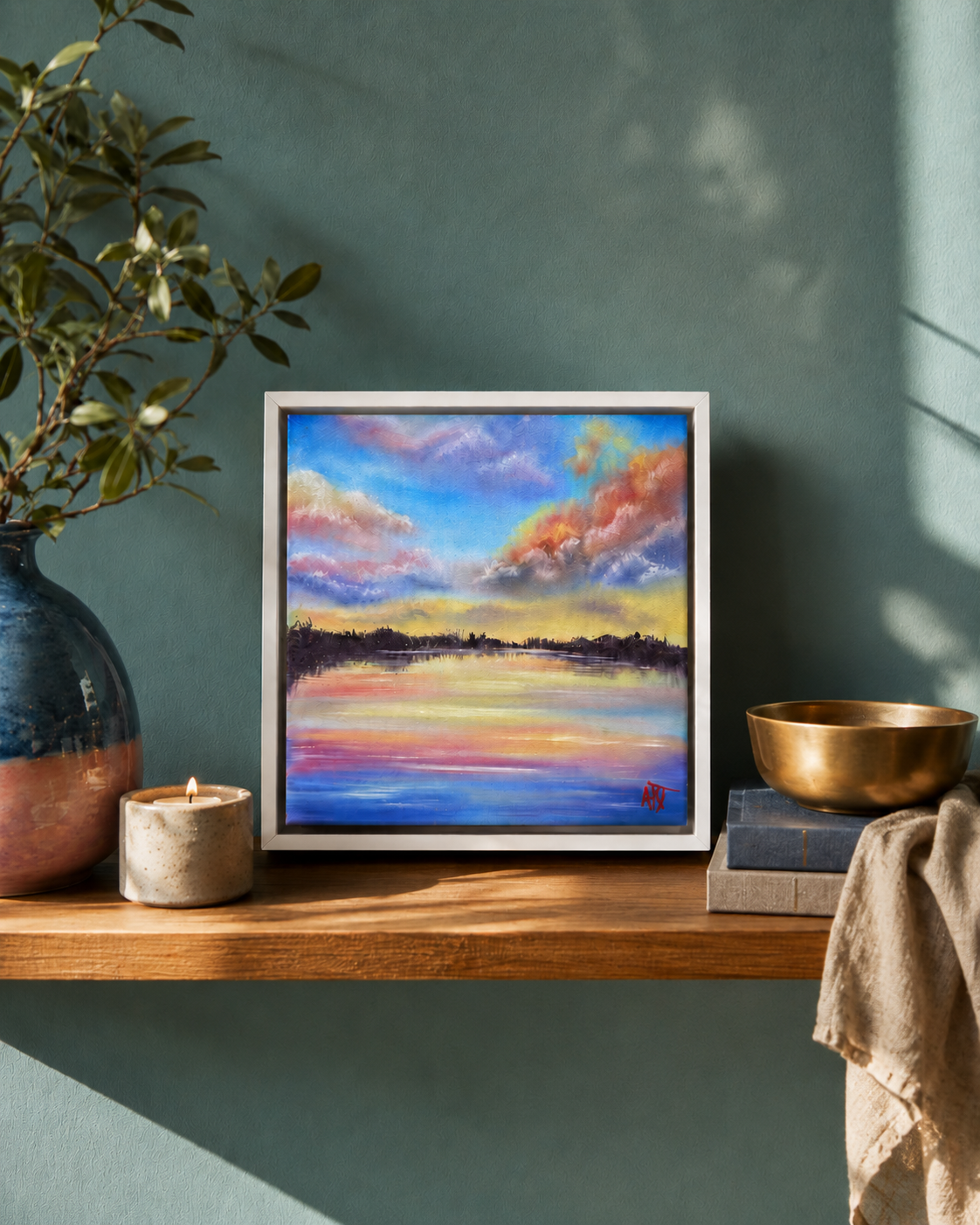 Framed painting of a sunset over water on a wooden shelf with decorative items.