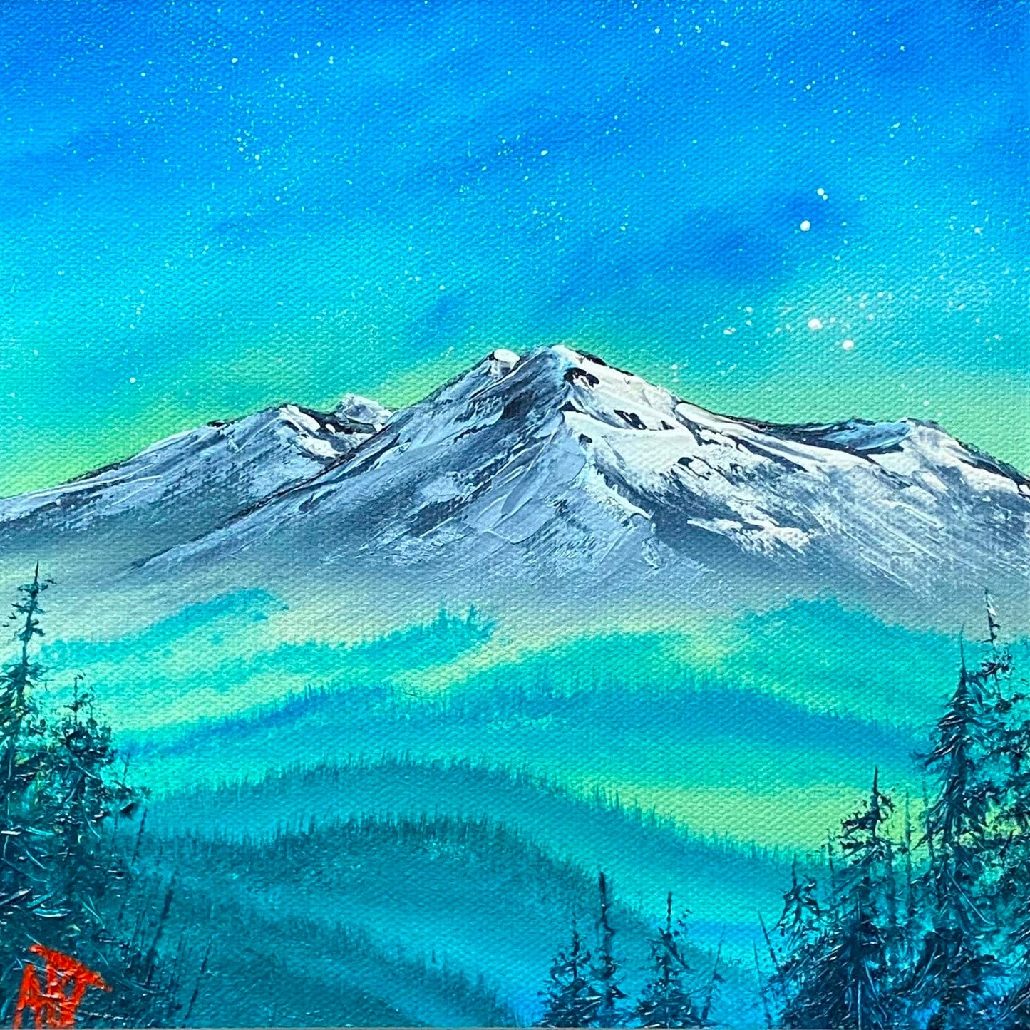 A textured painting of a snow-capped mountain under a starry night sky, with layered blue and green forested hills in the foreground and a small red signature in the bottom-left corner.